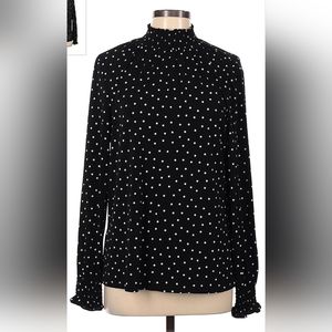 Adrianna Papell Black & White Polka Dot Long Sleeve Highneck Blouse Large